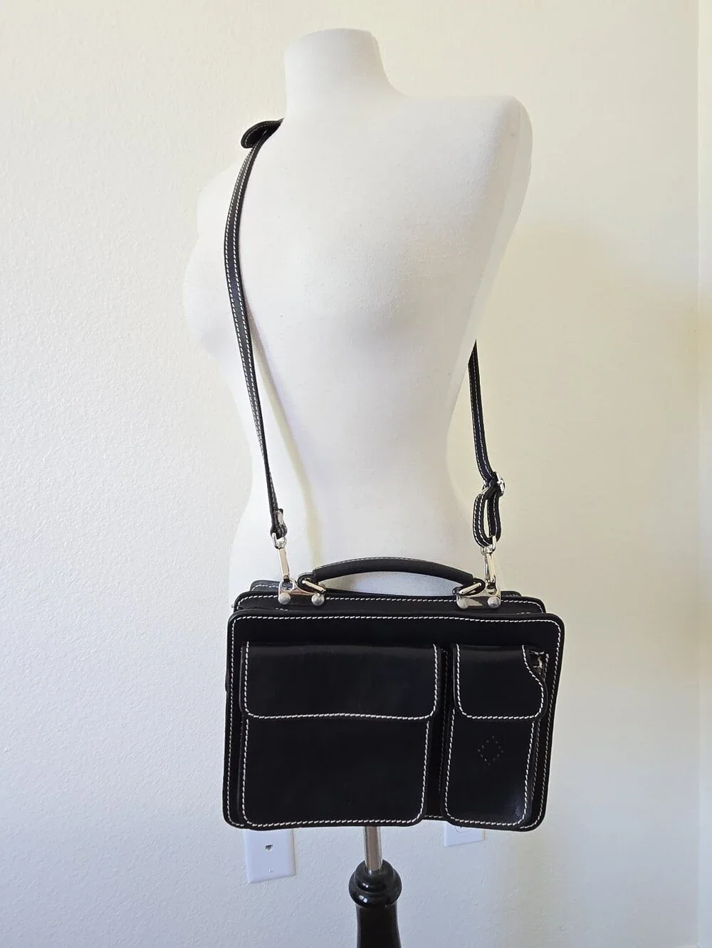 Il Giglio Black Leather Multi-compartment Crossbody Bag Structured Unisex Italy